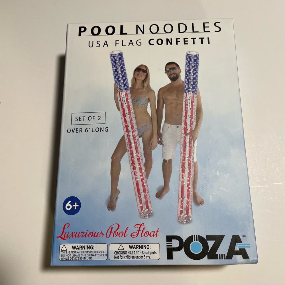 POZA 2 Pack Inflatable USA Flag Jumbo Pool Noodle Floats With Confetti, New